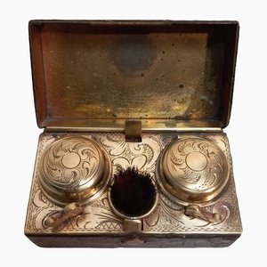 Brass & Leather Travel Inkwell Set, 19th-Century, Set of 3-AWH-1364658