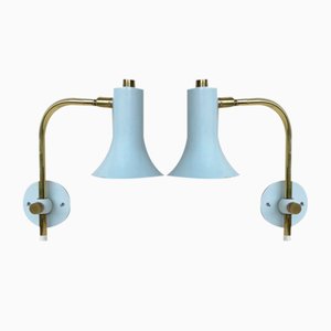 Brass & Light Blue Wall Lights, 1950s, Set of 2-EY-1445256