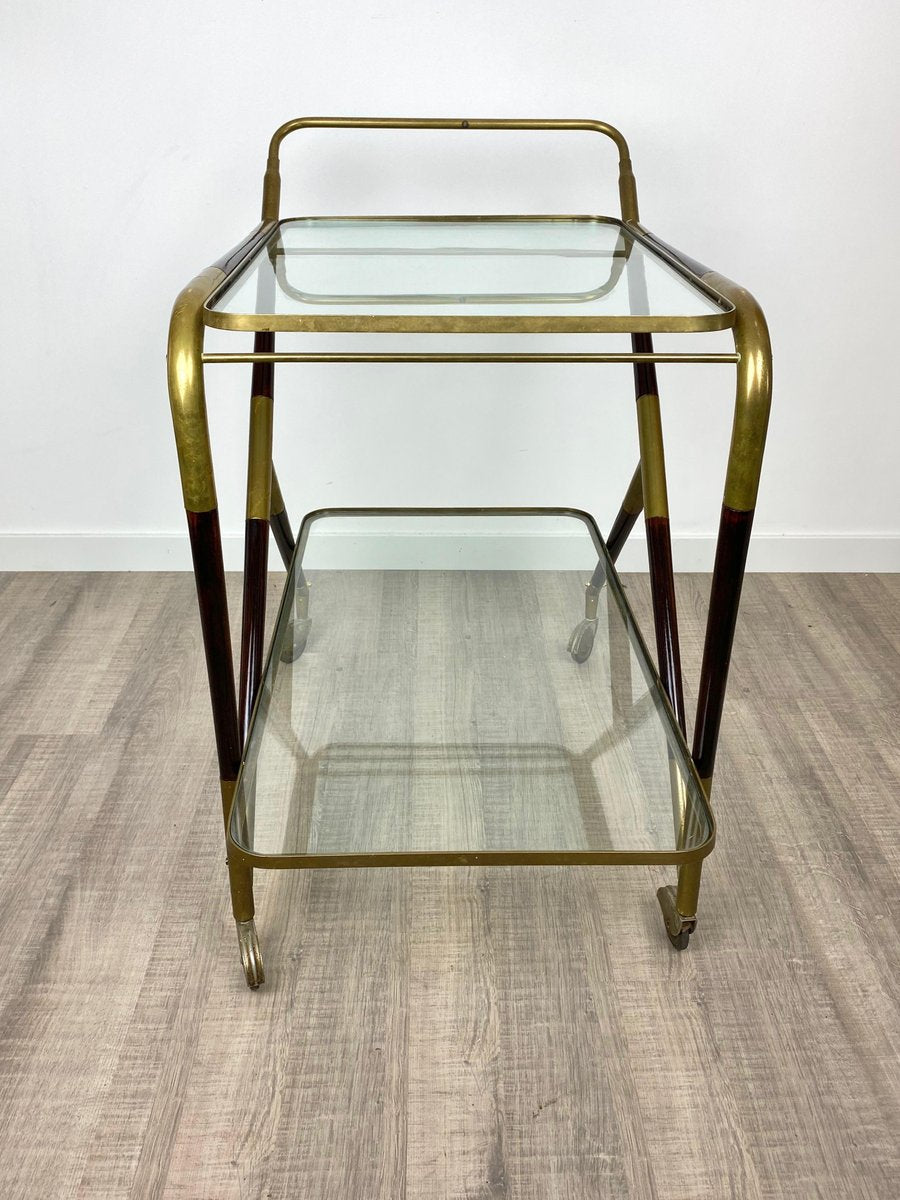 Brass Mahogany & Glass Bar Serving Cart Trolley by Cesare Lacca, Italy, 1950s