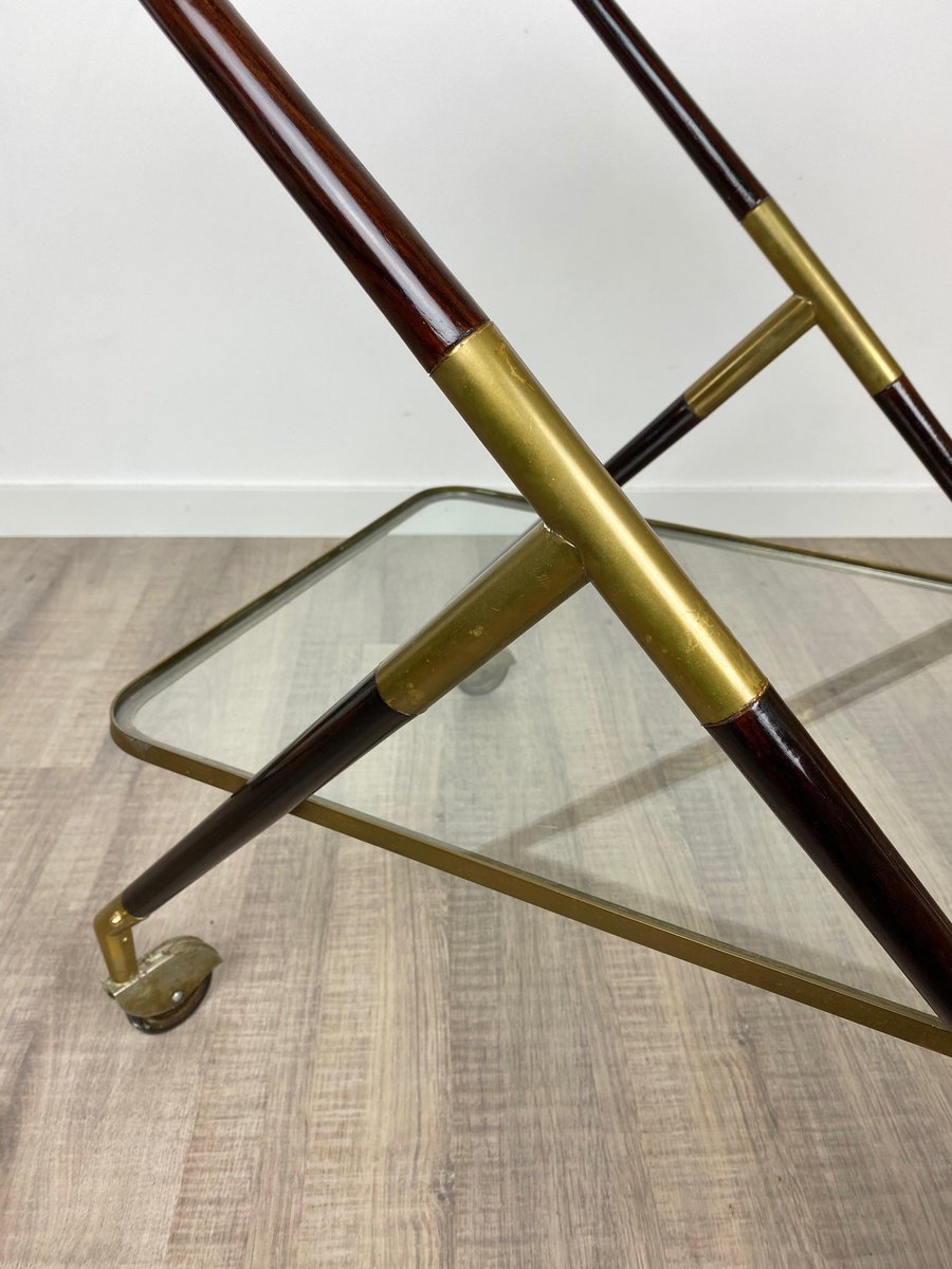 Brass Mahogany & Glass Bar Serving Cart Trolley by Cesare Lacca, Italy, 1950s