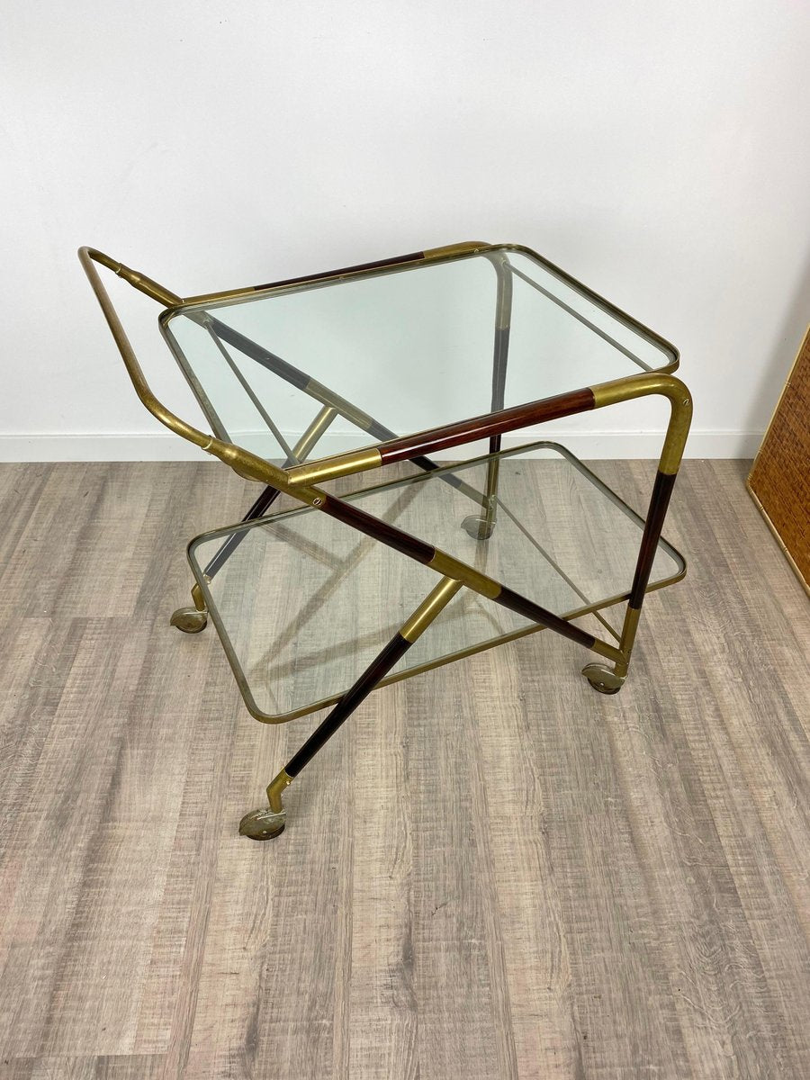 Brass Mahogany & Glass Bar Serving Cart Trolley by Cesare Lacca, Italy, 1950s