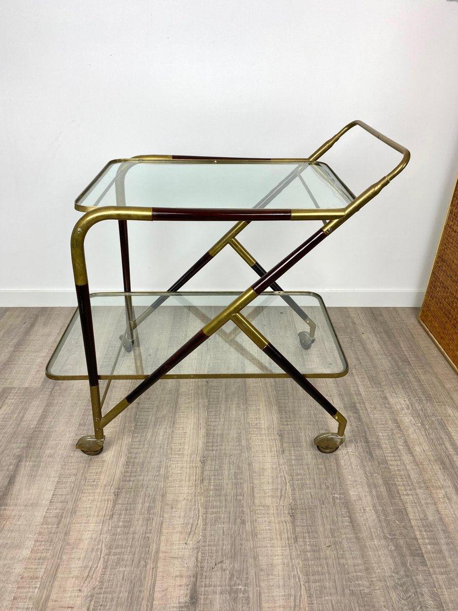 Brass Mahogany & Glass Bar Serving Cart Trolley by Cesare Lacca, Italy, 1950s