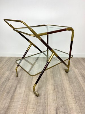 Brass Mahogany & Glass Bar Serving Cart Trolley by Cesare Lacca, Italy, 1950s-LYQ-1171641