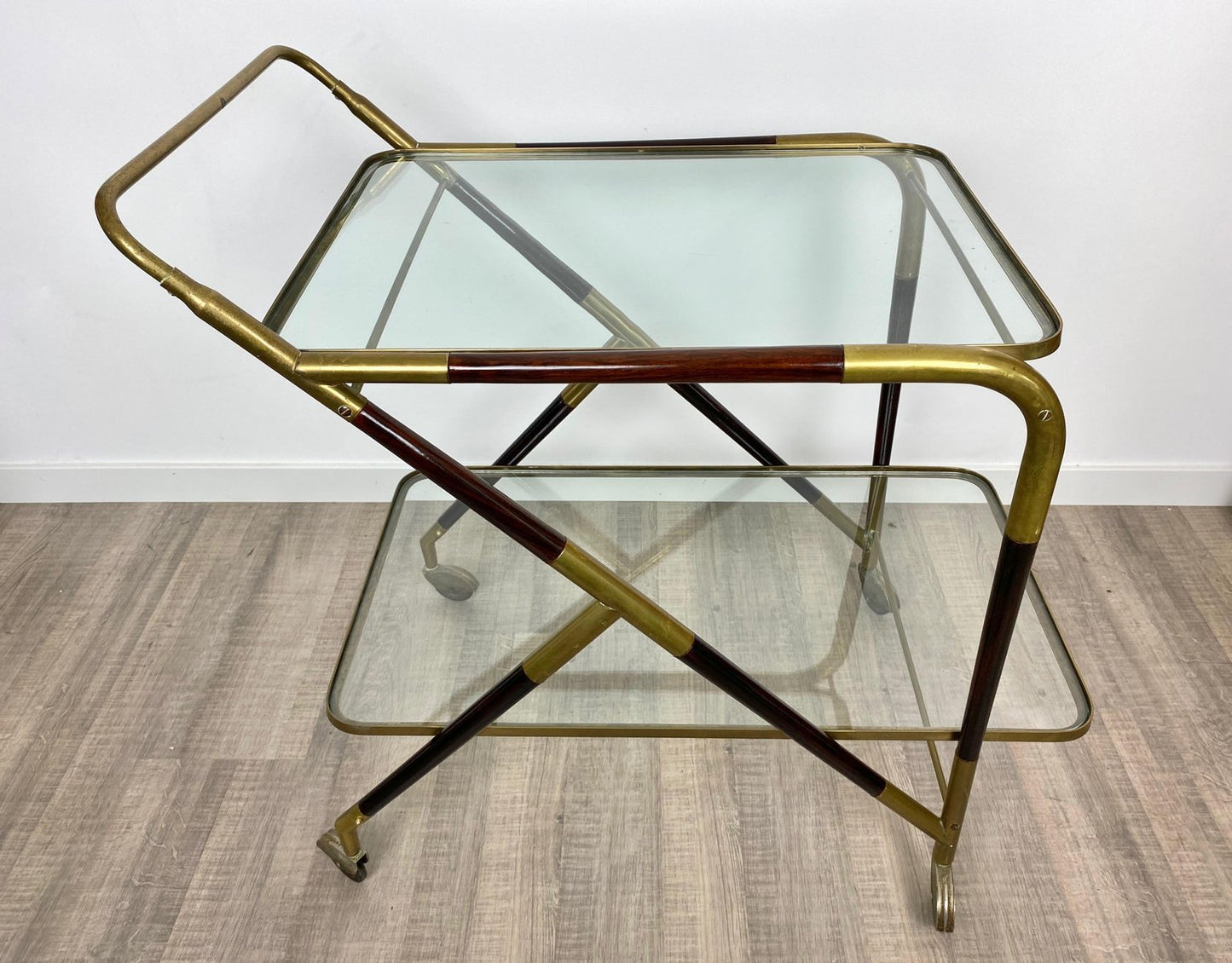 Brass Mahogany & Glass Bar Serving Cart Trolley by Cesare Lacca, Italy, 1950s