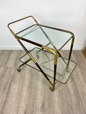 Brass Mahogany & Glass Bar Serving Cart Trolley by Cesare Lacca, Italy, 1950s-LYQ-1171641