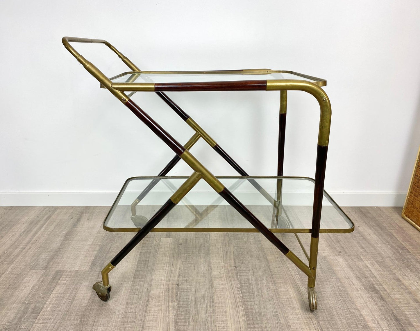 Brass Mahogany & Glass Bar Serving Cart Trolley by Cesare Lacca, Italy, 1950s