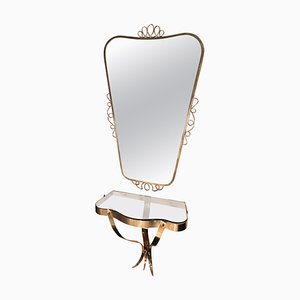 Brass Mirror with Small Console Table, 1950s-MBH-1031640