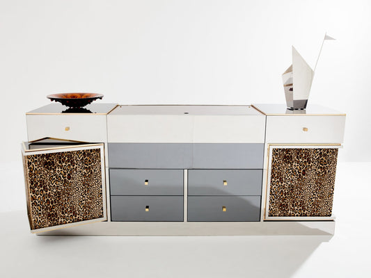 Brass Mirrored Leopard Bar Sideboard by Michel Pigneres, 1969