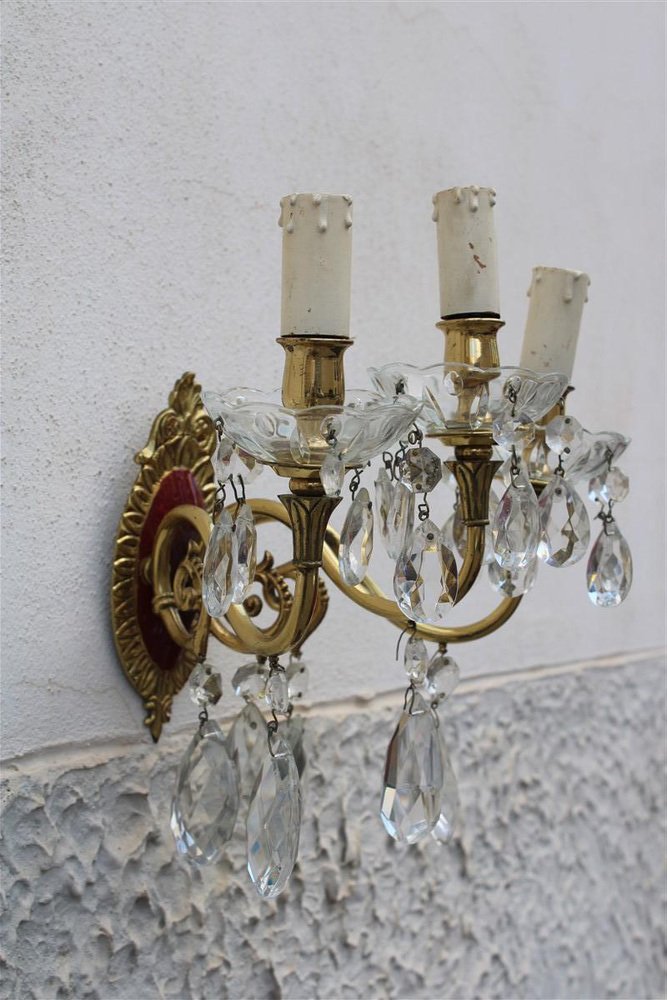 Brass Nail Polish and Crystals Wall Lamps, 1950s, Set of 2