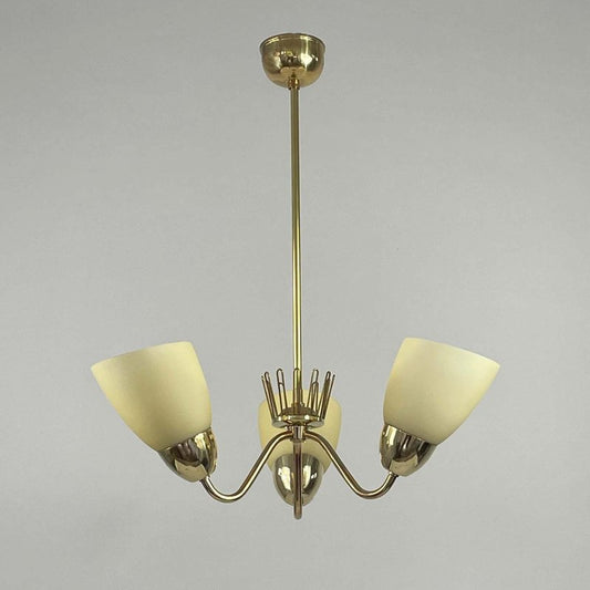 Brass & Opaline Glass 3-Arm Chandelier attributed to Hans Bergström for Asea, Sweden, 1950s