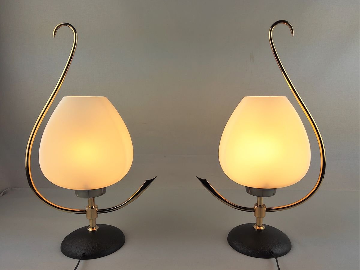 Brass & Opaline Lamps from Arlus, 1960s, Set of 2