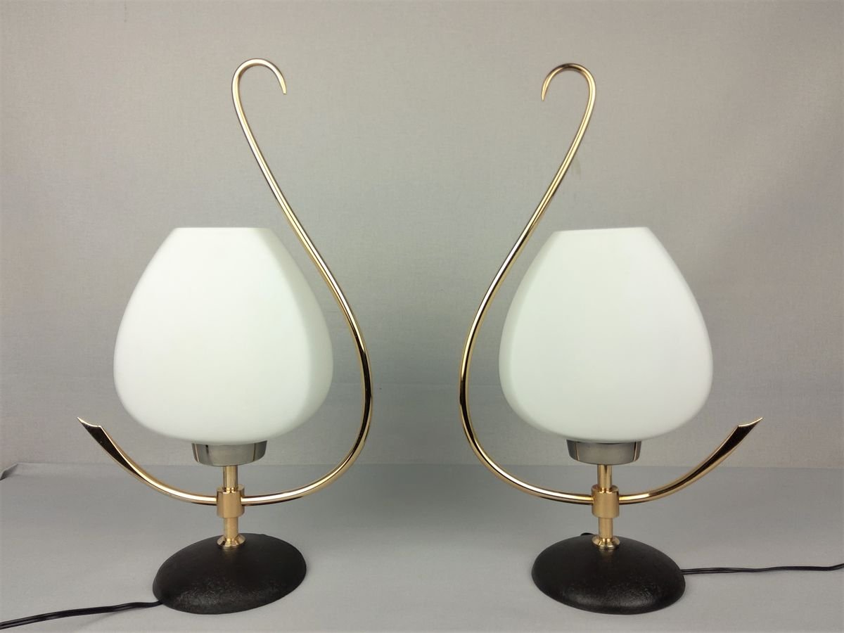 Brass & Opaline Lamps from Arlus, 1960s, Set of 2