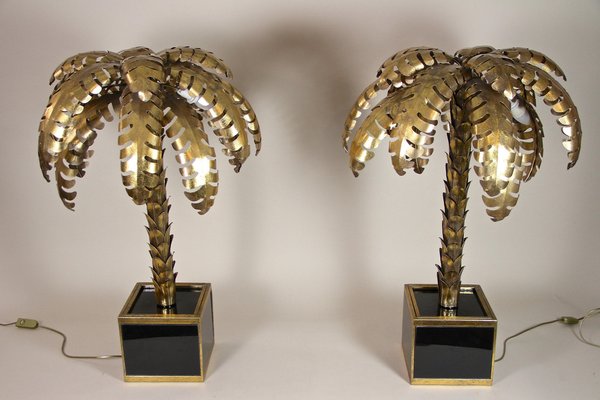 Brass Palm Tree Table Lamps from Maison Jansen, France, 1970s, Set of 2-TQA-1321994