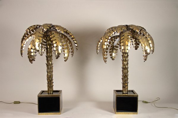 Brass Palm Tree Table Lamps from Maison Jansen, France, 1970s, Set of 2-TQA-1321994