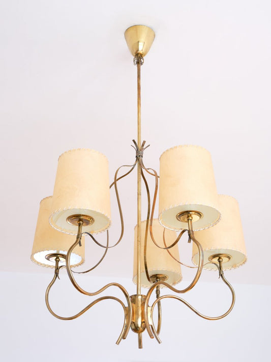 Brass & Parchment Model 9001 Chandelier by Paavo Tynell for Oy Taito Ab, Finland, 1940s