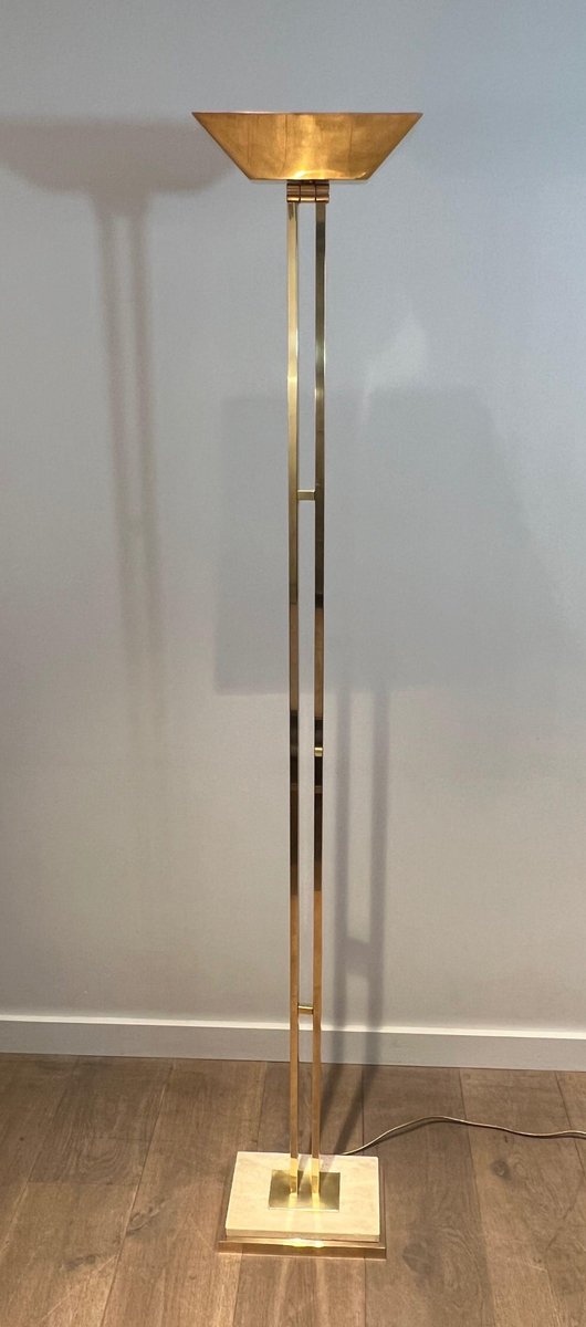 Brass Parquet Floor Lamp on Travertine Base, 1970s