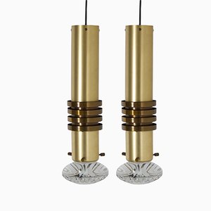 Brass Pendant Lamps with Solid Glass Lenses by Alvar Aalto, Netherlands, 1970s, Set of 2-QT-1263297