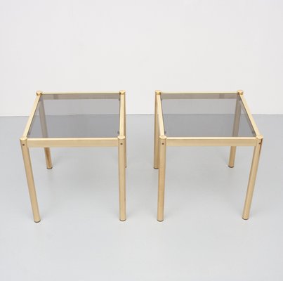 Brass Side Tables with Smoked Glass Tops, France, 1970s, Set of 2-GCG-935562