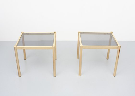 Brass Side Tables with Smoked Glass Tops, France, 1970s, Set of 2-GCG-935562