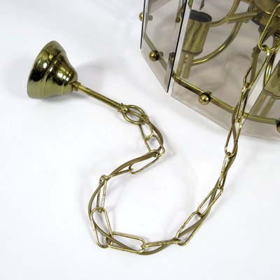 Brass & Smoked Glass Ceiling Lamp, 1970s-BH-946075