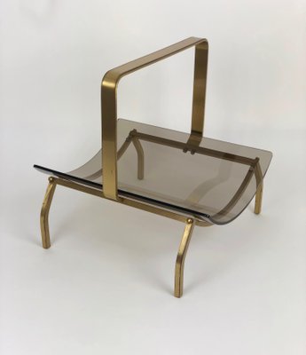 Brass & Smoked Glass Magazine Rack Stand from Fontana Arte, Italy, 1960s-LYQ-1171721