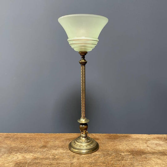 Brass Table Lamp with Mint Green Glass Hood