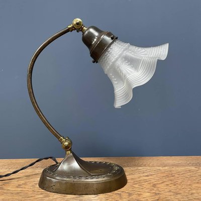 Brass Table Lamp with Skirt-Shaped Glass Hood, 1920s-NPL-1720251