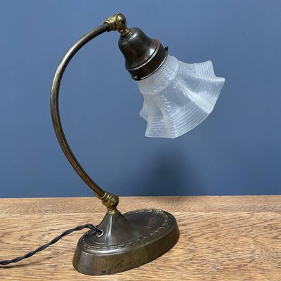 Brass Table Lamp with Skirt-Shaped Glass Hood, 1920s-NPL-1720251