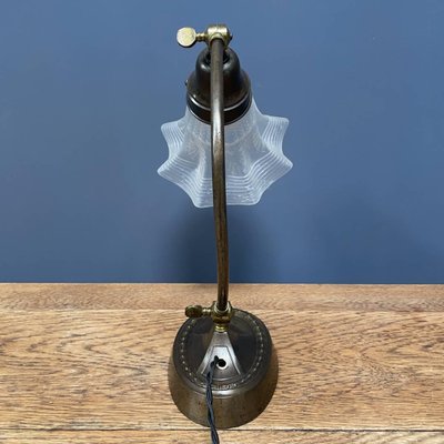 Brass Table Lamp with Skirt-Shaped Glass Hood, 1920s-NPL-1720251