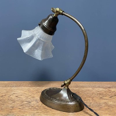 Brass Table Lamp with Skirt-Shaped Glass Hood, 1920s-NPL-1720251