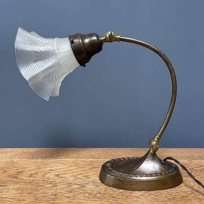 Brass Table Lamp with Skirt-Shaped Glass Hood, 1920s-NPL-1720251