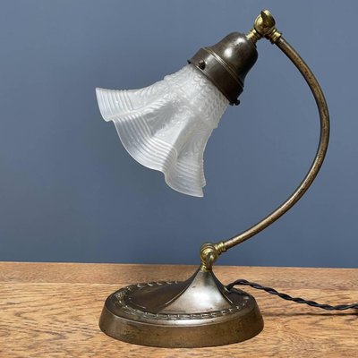 Brass Table Lamp with Skirt-Shaped Glass Hood, 1920s-NPL-1720251