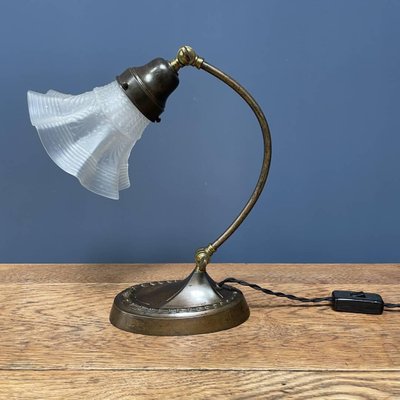 Brass Table Lamp with Skirt-Shaped Glass Hood, 1920s-NPL-1720251