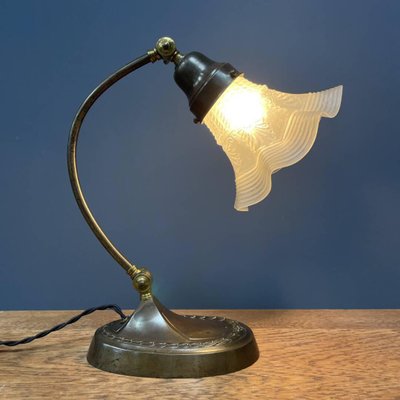 Brass Table Lamp with Skirt-Shaped Glass Hood, 1920s-NPL-1720251