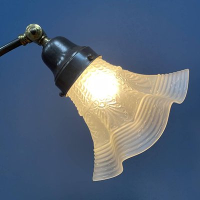 Brass Table Lamp with Skirt-Shaped Glass Hood, 1920s-NPL-1720251