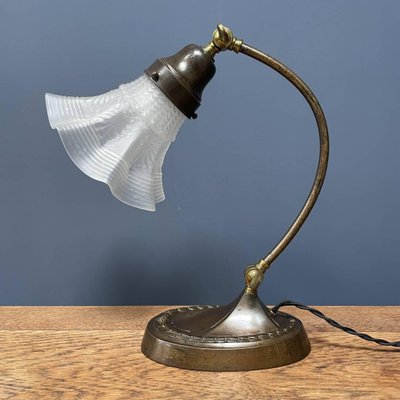 Brass Table Lamp with Skirt-Shaped Glass Hood, 1920s-NPL-1720251