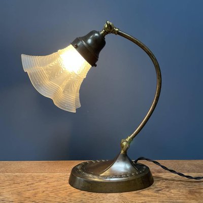 Brass Table Lamp with Skirt-Shaped Glass Hood, 1920s-NPL-1720251