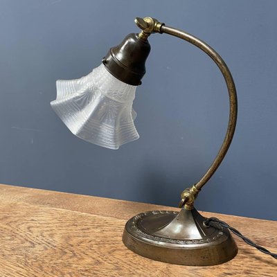 Brass Table Lamp with Skirt-Shaped Glass Hood, 1920s-NPL-1720251