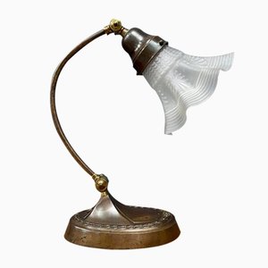 Brass Table Lamp with Skirt-Shaped Glass Hood, 1920s-NPL-1720251