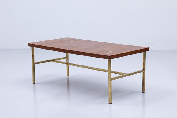 Brass & Teak Coffee Table, Sweden, 1960s-TM-1789112