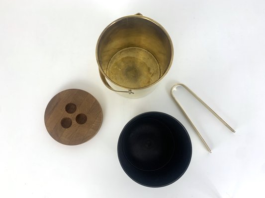 Brass & Teak Ice Bucket and Ice Tong from Stelton Brassware, 1960s, Set of 2-ZM-1756677