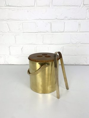 Brass & Teak Ice Bucket and Ice Tong from Stelton Brassware, 1960s, Set of 2-ZM-1756677