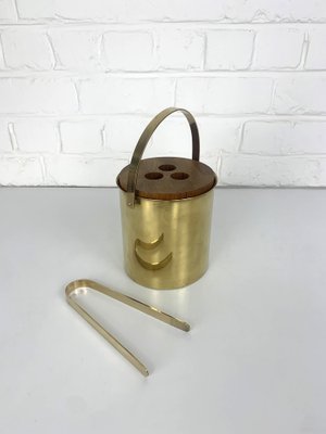 Brass & Teak Ice Bucket and Ice Tong from Stelton Brassware, 1960s, Set of 2-ZM-1756677