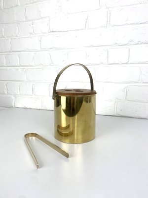 Brass & Teak Ice Bucket and Ice Tong from Stelton Brassware, 1960s, Set of 2-ZM-1756677