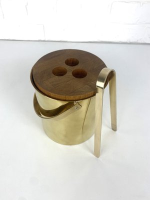 Brass & Teak Ice Bucket and Ice Tong from Stelton Brassware, 1960s, Set of 2-ZM-1756677