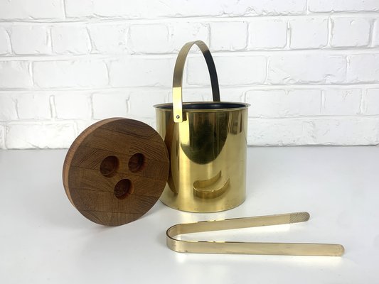 Brass & Teak Ice Bucket and Ice Tong from Stelton Brassware, 1960s, Set of 2-ZM-1756677