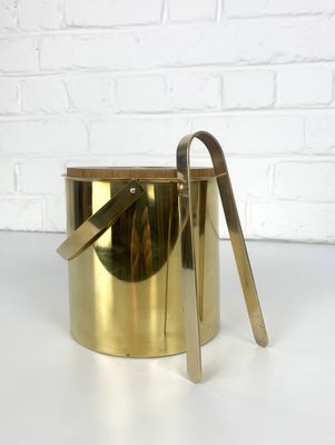 Brass & Teak Ice Bucket and Ice Tong from Stelton Brassware, 1960s, Set of 2-ZM-1756677