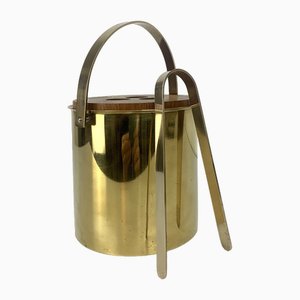 Brass & Teak Ice Bucket and Ice Tong from Stelton Brassware, 1960s, Set of 2-ZM-1756677