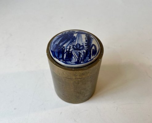 Brass Tobacco Jar with Hand Painted Blue Lid from Delft, 1950s-LCR-1373709