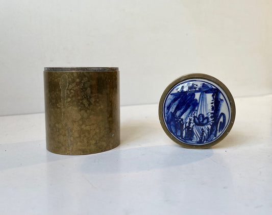 Brass Tobacco Jar with Hand Painted Blue Lid from Delft, 1950s